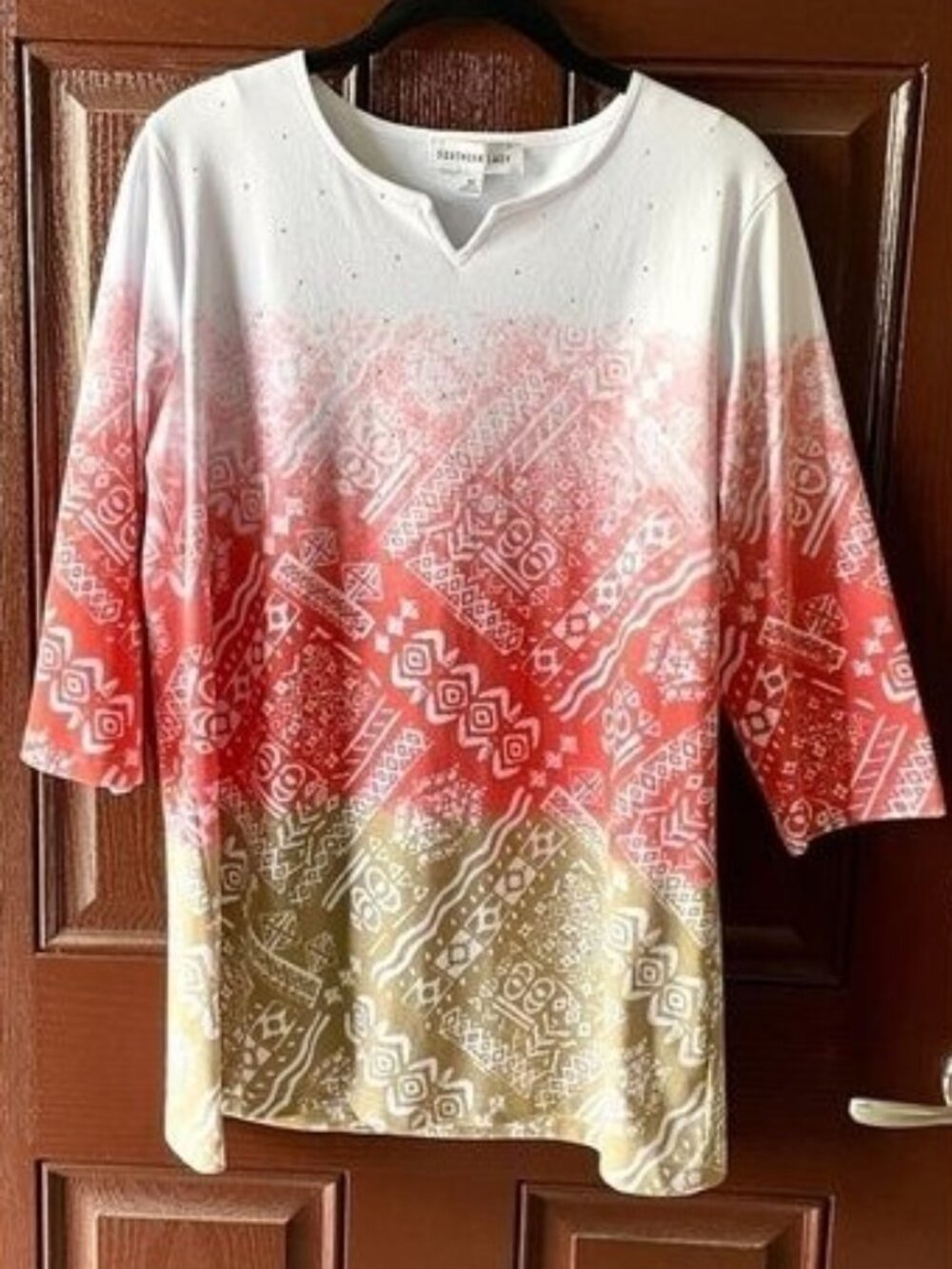 Southern Lady Womens M Ombre Tunic Top Coral Tan Geometric 3/4 Sleeve
